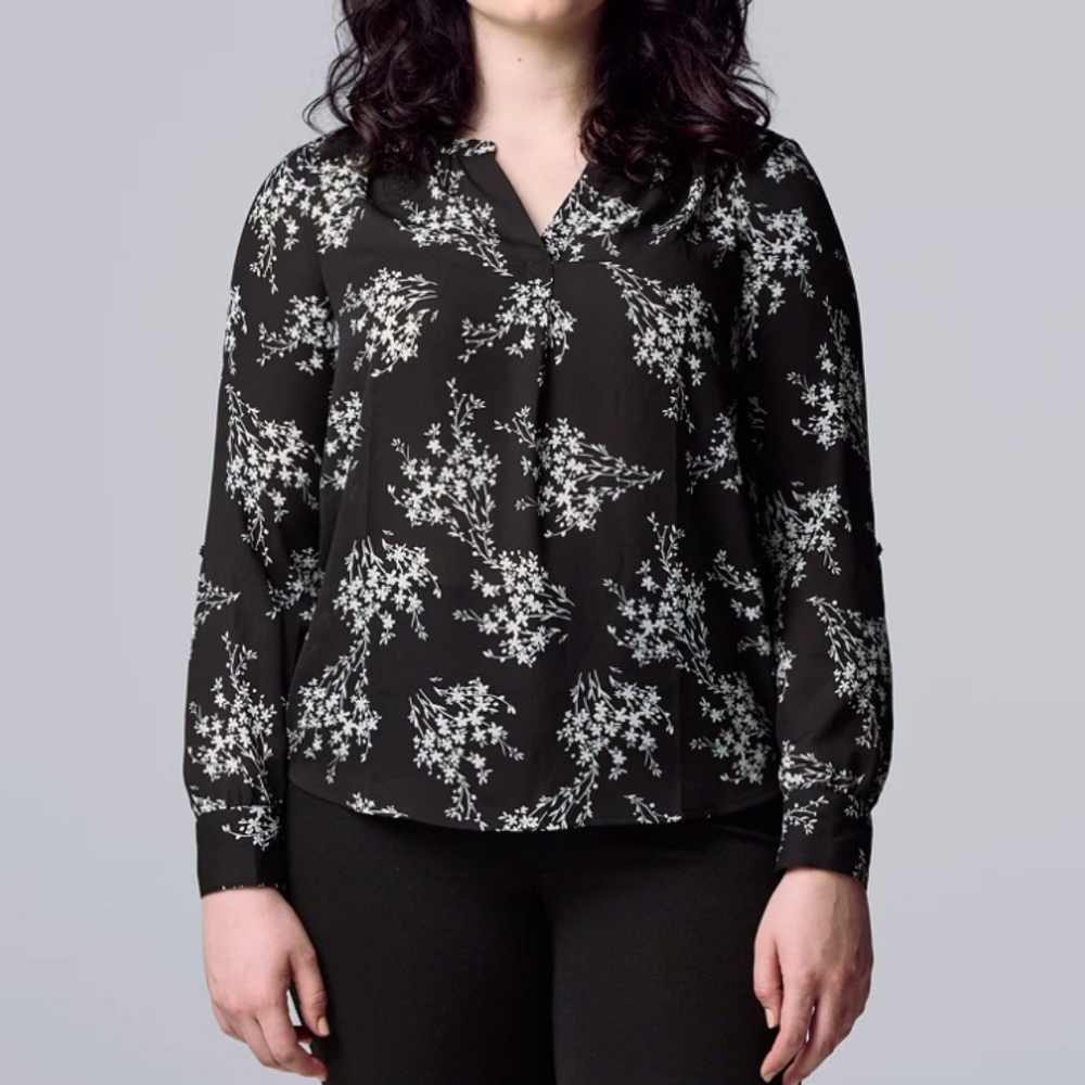 EUC Simply Vera Vera Wang roll-tab sleeve popover floral blouse